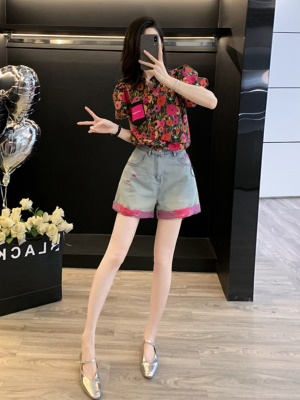 多巴胺休闲运动套装女夏季减龄时尚时髦洋气质衬衫牛仔短裤两件套