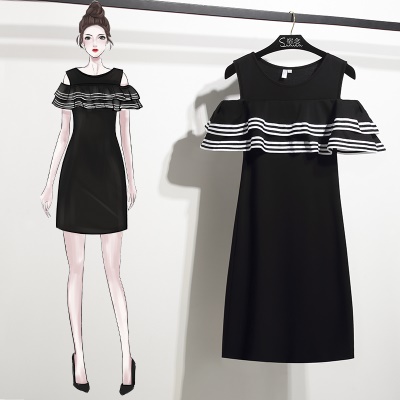 2025夏季矮小个子心机小黑裙赫本风短裙一字肩露肩连衣裙修身显瘦