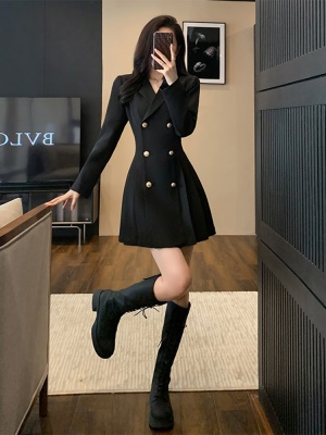 黑色西装连衣裙子双排扣职业西服长袖女春高级感气质赫本风小黑裙
