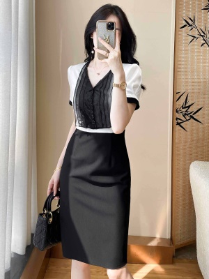 2025夏季新款时尚气质衬衫拼接连衣裙显瘦高级感通勤OL职场包臀裙