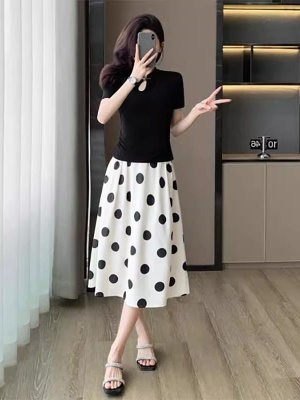 夏季穿搭一整套伞裙套装法式气质小香风波点半身连衣裙子两件套女