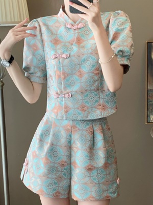 新中式国风刺绣套装女小个子高级感短袖上衣阔腿短裤两件套春秋夏