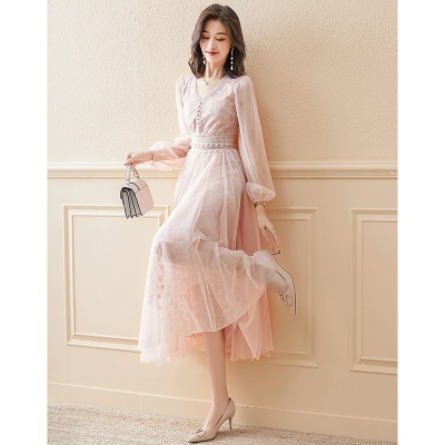 网纱连衣裙长袖2025初秋新款女法式显瘦高端气质收腰长款裙子秋装