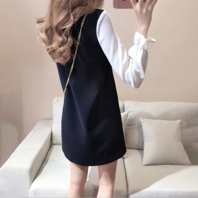 黑白拼接高级感连衣裙春秋款女赫本风通勤小黑裙矮小个子显瘦短裙