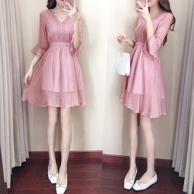 法式小个子雪纺连衣裙气质女神范女夏天很仙女裙V领粉色中袖裙子