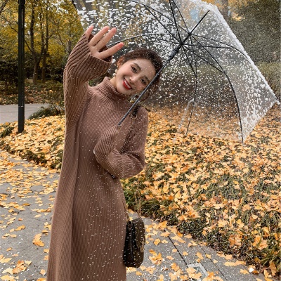 2025新款配大衣打底长款毛衣裙过膝法式内搭高领针织连衣裙女秋冬