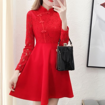 蕾丝大红色礼服裙女2025新款改良旗袍回门服新娘宴会订婚连衣裙子