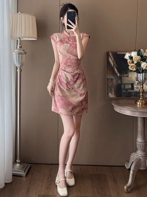 新中式国风改良旗袍裙女夏复古立领洋气减龄褶皱显瘦连衣裙小个子