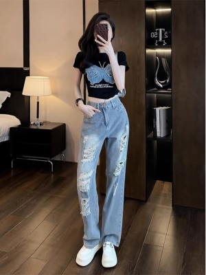 夏装搭配一整套时尚套装女夏季网红炸街高腰破洞牛仔裤两件套时髦