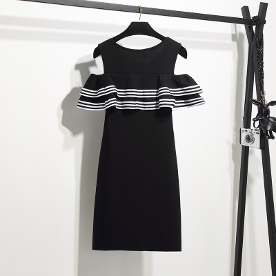2025夏季矮小个子心机小黑裙赫本风短裙一字肩露肩连衣裙修身显瘦