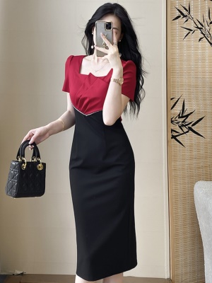 2025新款女夏季职业显瘦连衣裙拼接修身收腰气质通勤礼服高端裙子