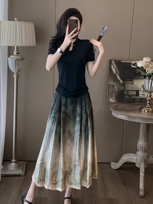水墨两件套旗袍套装半身裙子女夏季新款中式气质国风高级感连衣裙