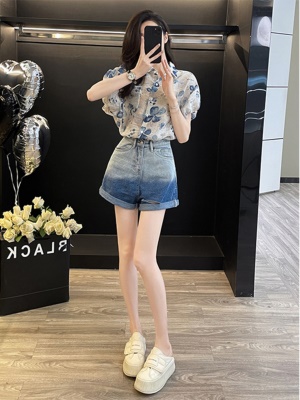 多巴胺休闲运动套装女夏季炸街洋气时尚小个子衬衫牛仔短裤两件套