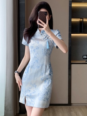 新中式国风改良送考旗袍开叉裙子女夏季新款斜襟包臀连衣裙小个子