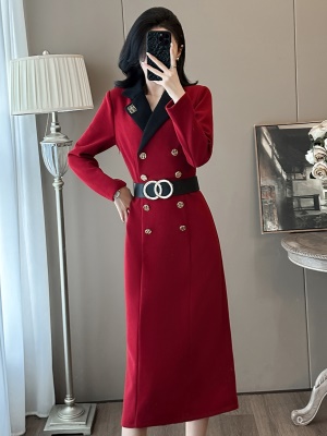 2025秋冬季新款小香风红色西装连衣裙女高级感气质修身宴会晚礼服