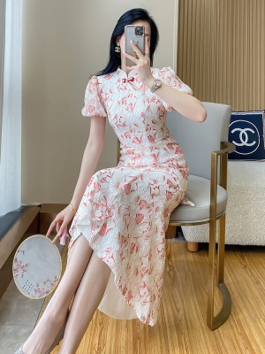 新中式国风汉服旗袍连衣裙女夏气质高级感晚礼服碎花包臀鱼尾裙子