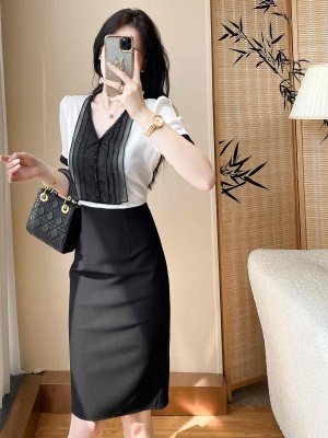 2025夏季新款时尚气质衬衫拼接连衣裙显瘦高级感通勤OL职场包臀裙