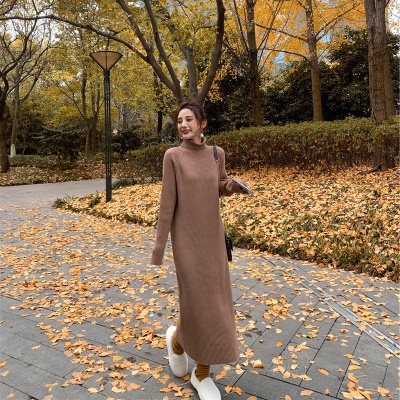 2025新款配大衣打底长款毛衣裙过膝法式内搭高领针织连衣裙女秋冬