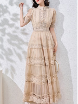 法式蕾丝连衣裙女夏季新款气质女神范茶歇裙收腰显瘦高级感长裙子