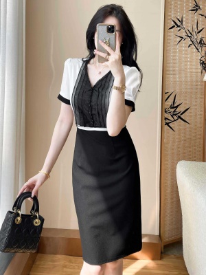 2025夏季新款时尚气质衬衫拼接连衣裙显瘦高级感通勤OL职场包臀裙