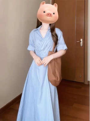 韩系蓝色条纹V领连衣裙气质收腰系带衬衫裙简约通勤显瘦职场长裙