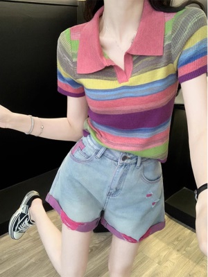 多巴胺休闲运动套装女夏季炸街洋气小个子彩虹上衣牛仔短裤两件套