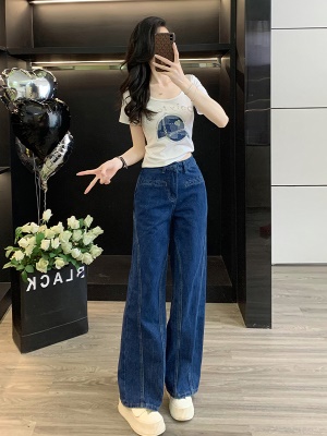 窄版牛仔阔腿裤休闲套装女夏季减龄一整套穿搭时尚洋气T恤两件套