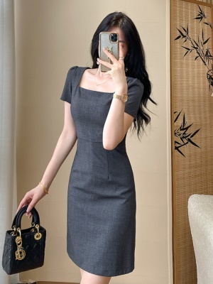 灰色通勤OL连衣裙夏高端轻奢女装气质职业装女神范收腰显瘦包臀裙