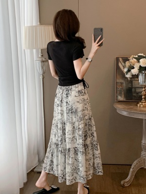 古风水墨画半身裙A字裙女2025夏季新款中长款印花伞裙T恤两件套装