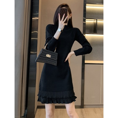 法式针织连衣裙女秋冬打底配大衣内搭中长款小个子假两件毛衣裙子