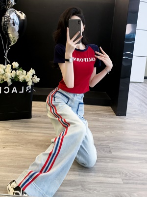 多巴胺休闲运动套装女夏季高端炸街减龄时尚T恤牛仔阔腿裤两件套