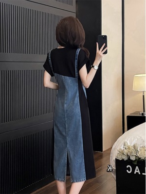 拼接背带假两件牛仔连衣裙女夏季高端气质精致宽松遮肚子显瘦长裙