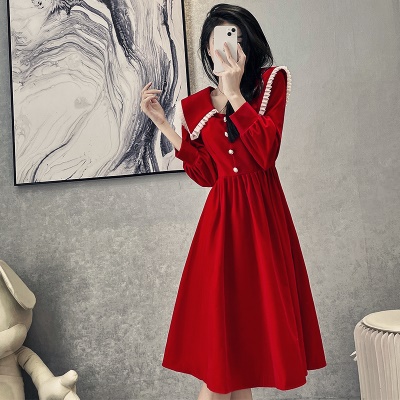 赫本丝绒娃娃领红色订婚连衣裙秋冬长裙高级感礼服裙高端轻奢小众