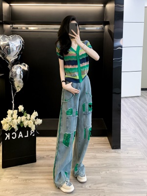 多巴胺休闲时尚套装女夏季新款针织条纹短袖上衣阔腿牛仔裤两件套