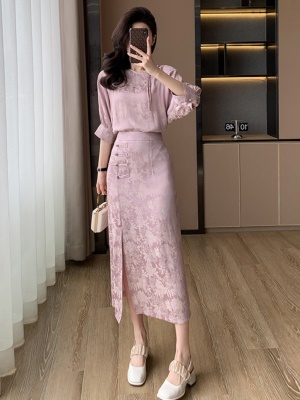 富贵改良禅意旗袍套装紫色新中式国风半身裙包臀盘扣开衩裙子女夏