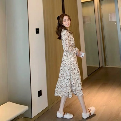 2025秋季新款法式碎花长袖连衣裙名媛小香风马甲背心两件套长裙子