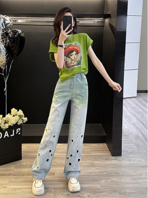 休闲运动套装女夏季炸街减龄时尚绿色短袖洞洞牛仔阔腿裤两件套潮