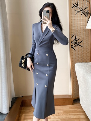 灰色通勤OL连衣裙女春季高端轻奢气质职业女神范收腰显瘦包臀长裙