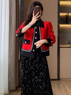 小香风红色毛呢外套女秋冬高端羽绒服加厚高级感喜庆过年短款上衣