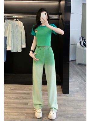多巴胺休闲时尚套装女夏季炸街绿色短袖牛仔阔腿裤两件穿搭一整套