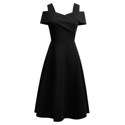 一字领露肩连衣裙女夏季小黑裙赫本风修身收腰显瘦红色小礼服个子