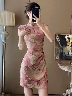 新中式国风改良旗袍裙女夏复古立领洋气减龄褶皱显瘦连衣裙小个子