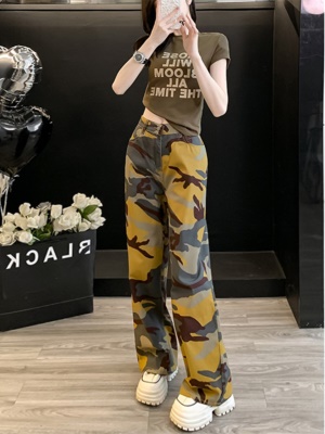 美式休闲时尚套装女夏季新款时髦炸街短袖T恤迷彩阔腿裤两件套潮