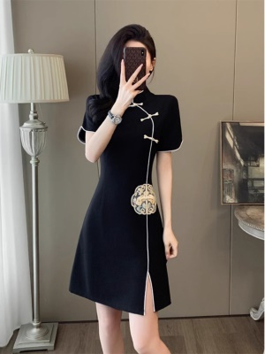 黑色新中式国风连衣裙显瘦气质修身开衩旗袍小黑裙子女装夏季新款