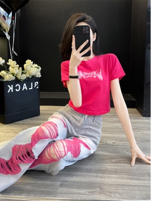 多巴胺活力休闲套装女夏炸街洋气短T恤牛仔阔腿裤时尚穿搭两件套