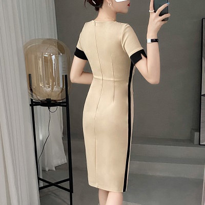 职业连衣裙女2025年夏季女士修身双排扣撞色知性包臀裙白领工作裙