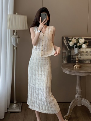 棉花式钩花针织无袖背心镂空套装裙女复古半身裙两件套2025夏新款