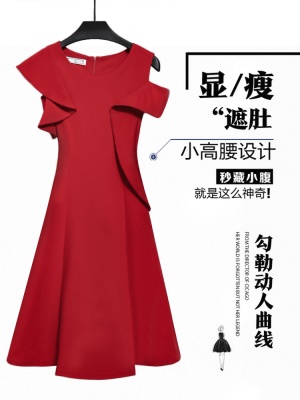 夏装2025新款裙子红色小礼服平时可穿高级质感露肩连衣裙显瘦气质