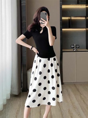 夏季穿搭一整套伞裙套装法式气质小香风波点半身连衣裙子两件套女