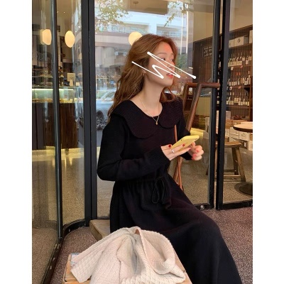 法式复古配大衣毛衣长裙新年战袍娃娃领打底红色针织连衣裙女秋冬